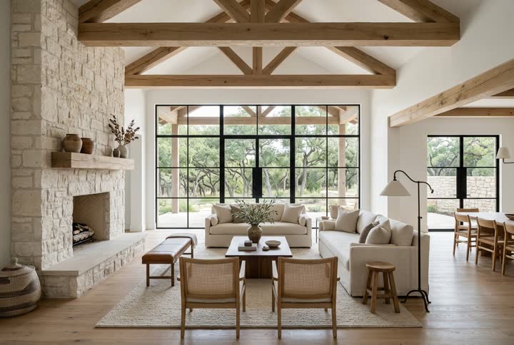 Great room with beamed ceiling