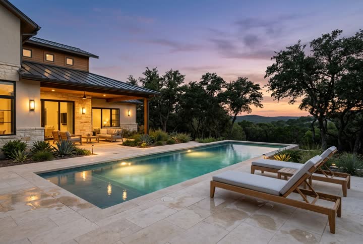 Pool and terrace at dusk